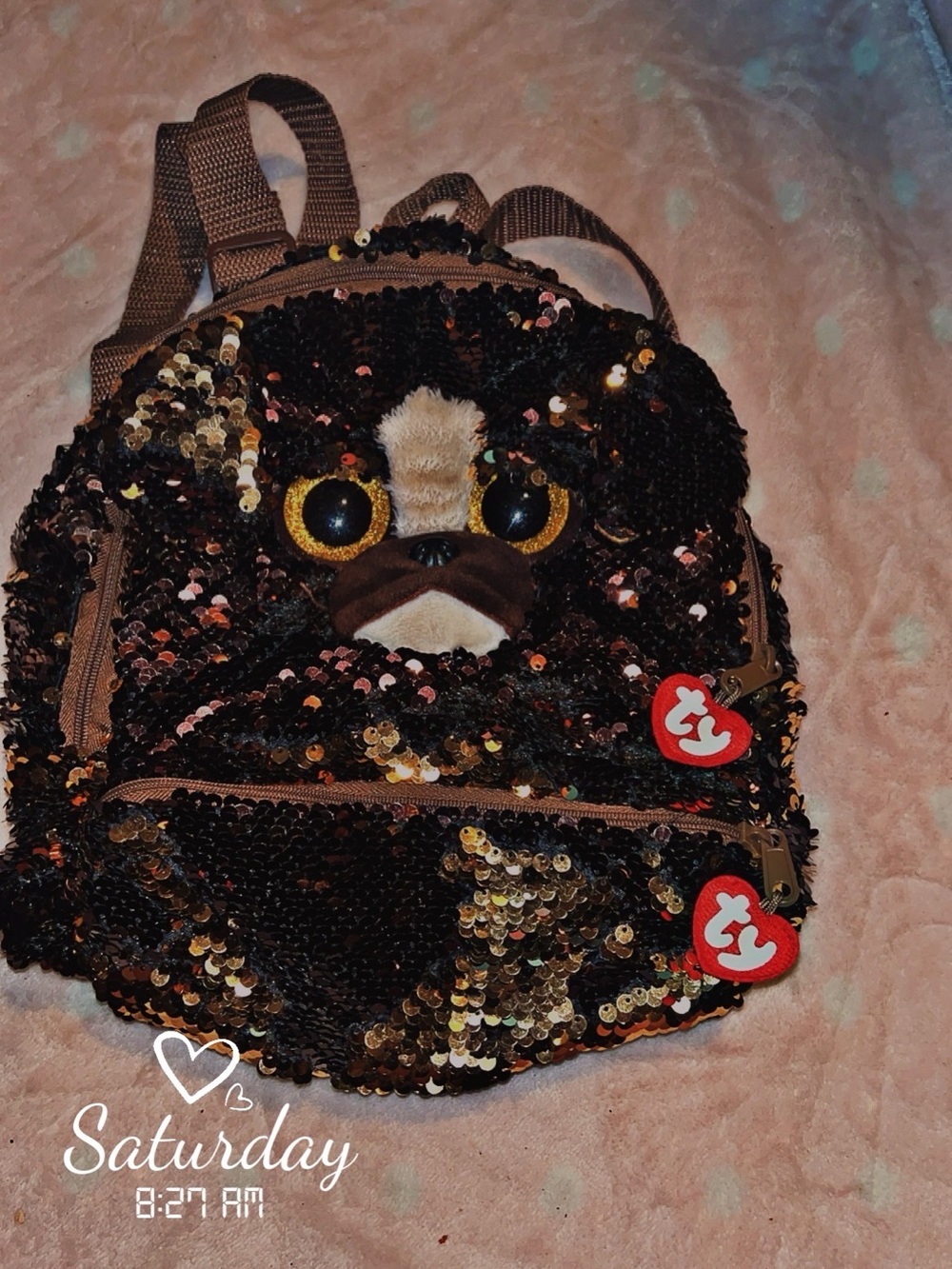 Ty Sequin Pug Mini Backpack in Brown and Gold